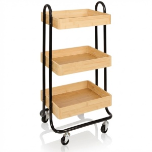 Set 2 x Ucenic metalic + bambus pentru Salon Cosmetica, 3 polite, 4 roti, negru, 84 x 45 x 34 cm, Green Studio Pro - Img 3
