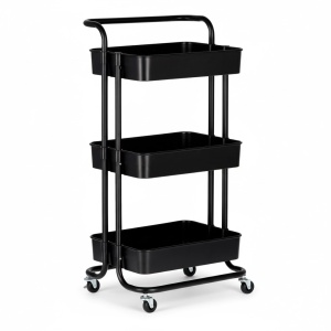 Ucenic Salon Cosmetica Metalic, 3 polite, 4 roti, negru, 32 x 45 x H 84cm, Green Studio Pro