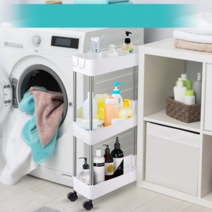 Ucenic Salon Cosmetica cu 3 polite si 4 roti, 13 x 40 x 61cm, Green Studio Pro, alb - Img 3