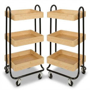 Set 2 x Ucenic metalic + bambus pentru Salon Cosmetica, 3 polite, 4 roti, negru, 84 x 45 x 34 cm, Green Studio Pro