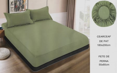 Cearceaf de pat cu elastic + doua fete perna, 180x200 cm, culoare Verde - Img 1
