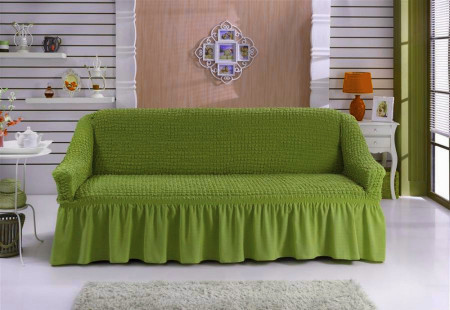 Husa elastica si creponata pentru canapea 3 locuri, cu volanas, Verde - Img 1