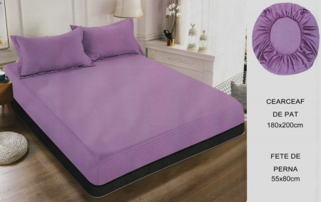 Cearceaf de pat cu elastic + doua fete perna, 180x200 cm, culoare Lila - Img 1