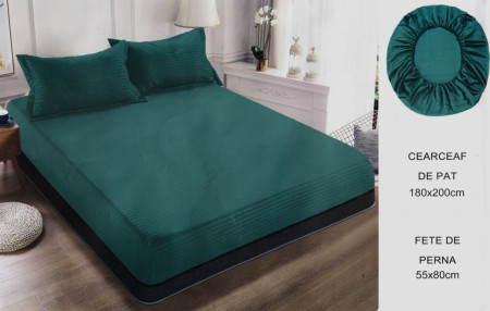 Cearceaf de pat cu elastic + doua fete perna, 180x200 cm, culoare Verde Inchis - Img 1