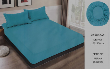 Cearceaf de pat cu elastic + doua fete perna, 180x200 cm, culoare Albastru - Img 1