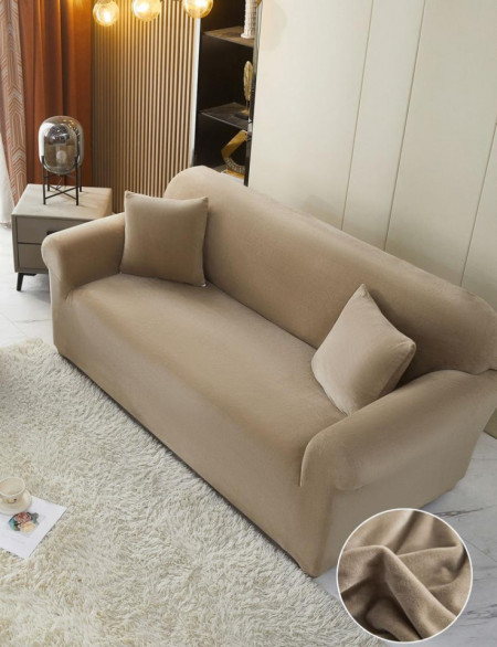 Husa elastica si catifelata pentru canapea 3 locuri + fata perna, culoare Bej