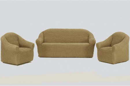 Set huse elastice si creponate pentru canapea 3 locuri, canapea 2 locuri si 2 fotolii, fara volanas, bej inchis - Img 1