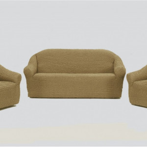Set huse elastice si creponate pentru canapea 3 locuri, canapea 2 locuri si 1 fotoliu, fara volanas, Bej Inchis - Img 1