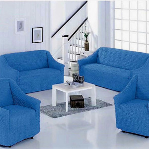 Set huse elastice si creponate pentru canapea 3 locuri, canapea 2 locuri si 2 fotolii, fara volanas, Albastru - Img 1
