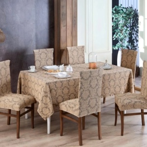 Set 6 huse elastice pentru scaune, model Jacquard, Bej