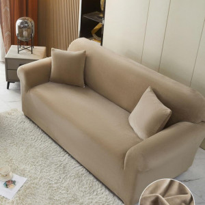 Husa elastica si catifelata pentru canapea 3 locuri + fata perna, culoare Bej