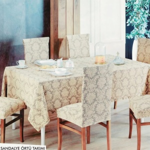 Set 6 huse elastice pentru scaune, model Jacquard, Bej deschis