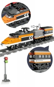 Trenulet electric orange pentru calatori EMMA din piese de construcție, 326 piese - Img 4
