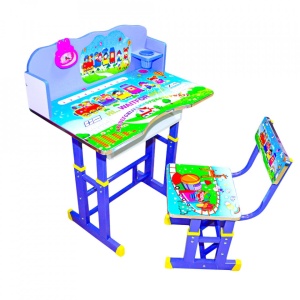 Birou + scaunel, reglabile/desene/albastru/MDF+metal - Img 1