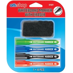 Marker whiteboard, 4 culori/set, 2-3,5 mm + burete - OFFISHOP - Img 1