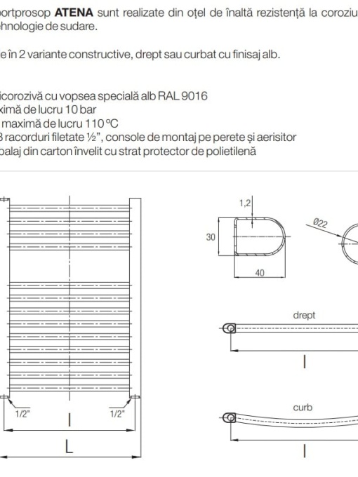 RADIATOR BAIE PORTPROSOP DREPT 400X1000MM ALB , ATENA 16 TEVI - Img 3