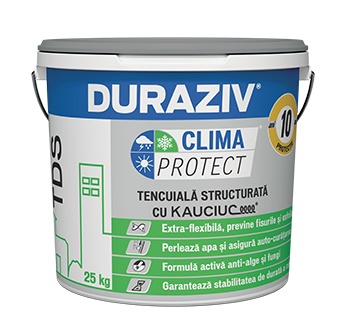 TENCUIALA DECORATIVA STRUCTURATA (SCOARTA DE COPAC), DURAZIV CLIMA PROTECT CU KAUCIUC TDS, 25KG / PALET 16 BUCATI