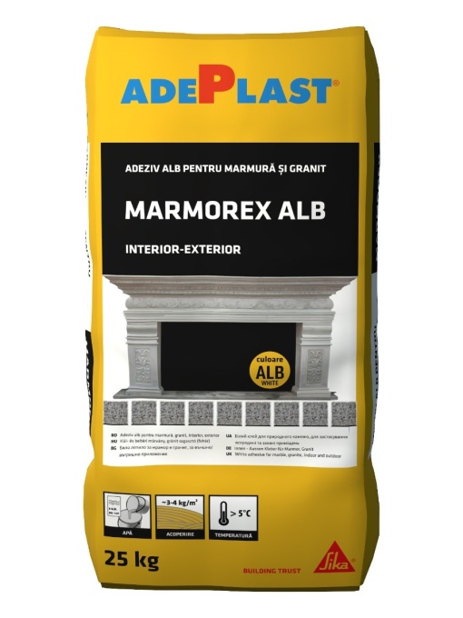 ADEZIV ALB PENTRU MARMURA SI GRANIT, APLICARE INTERIOR/EXTERIOR, ADEPLAST MARMOREX ALB / 25KG