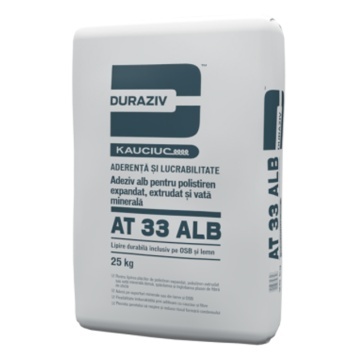 ADEZIV SI MASA DE SPACLU PENTRU OSB, POLISTIREN, EXTRUDAT DURAZIV AT 33 ALB, 25KG / PALET 48 SACI