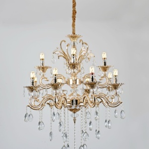 CANDELABRU CLASIC GRANDIOS CU 12 BRATE, FINISAJ AURIU LUCIOS, DECOR CU CRISTALE, 12 X E14, Ø750×H1000 MM