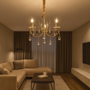 CANDELABRU CLASIC VINTAGE CU 3 BRATE, FINISAJ CUPRU ANTIC, CRISTALE DECORATIVE, 3 X E14, Ø540 × H600 MM