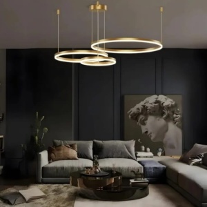 PENDUL LED SUSPENDAT CU 3 INELE, 200W, 2800–6500K,TELECOMANDA, DESIGN MODERN AURIT MAT - A16/40+60+80 FG