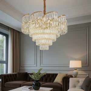 CANDELABRU DE LUX CU CRISTALE , FINISAJ AURIU, DESIGN STRATIFICAT, 12 BECURI X E27