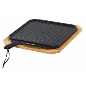 PLITA REVERSIBILA DIN FONTA CU DOUA FETE GRILL SAU NETEDA CU SUPORT DIN LEMN COZZE, 33X33CM