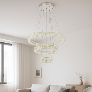 PENDUL LED CRISTAL 3 INELE CU TELECOMANDA, LUMINA REGLABILA ALB CALD-RECE , 2X60W, Ø60CM