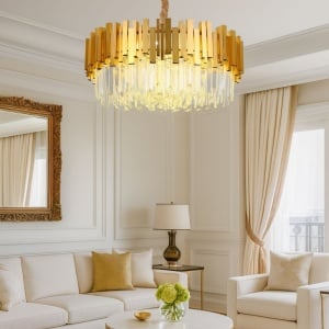 CANDELABRU AURIU CU CRISTALE, 10 BECURI E27, ELEGANTA PENTRU SPATII GENEROASE