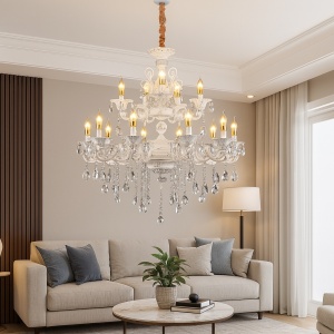 CANDELABRU CU CRISTALE, DESIGN CLASIC ARGINTIU PE DOUA NIVELE, 12XE14, Ø78 CM