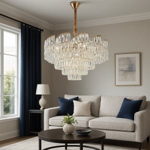 CANDELABRU CU CRISTALE , FINISAJ AURIU, DESIGN STRATIFICAT TIP CASCADA, 10 BECURI X E27