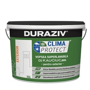 VOPSEA SUPERLAVABILA ALBA PENTRU EXTERIOR, DURAZIV CLIMA PROTECT CU KAUCIUC, 10L / PALET 30 BUCATI