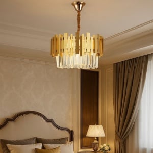 CANDELABRU AURIU CU CRISTALE, 5 BECURI E27, DESIGN ELEGANT SI MODERN