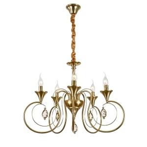 CANDELABRU CU 5 BRATE, FINISAJ CUPRU ANTIC, DESIGN CLASIC CU CRISTALE DECORATIVE, 5 X E14, Ø450 × H430 MM