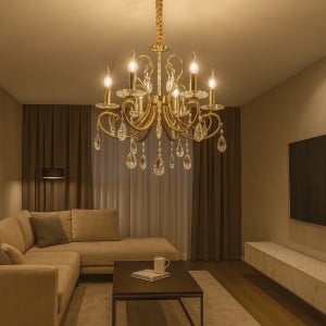 CANDELABRU ELEGANT CU 5 BRATE, FINISAJ CUPRU, DESIGN RETRO CU CRISTALE, 5 X E14, Ø540 × H600 MM