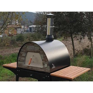 STAND METALIC MOBIL PENTRU CUPTOR TRADITIONAL PENTRU PIZZA PE LEMNE MAXIMUS CU MESE LATERALE DIN LEMN