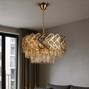 CANDELABRU AURIU CU CRISTALE, 6 BECURI E27, DESIGN MODERN GLAM