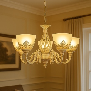 CANDELABRU VINTAGE CU 5 BRATE, FINISAJ ALB ANTICHIZAT (WH), DESIGN CLASIC CU ORNAMENTE FLORALE, 5 X E27, Ø550 × H550 MM