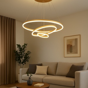 PENDUL LED CU 3 CERCURI SUSPENDATE, FINISAJ GOLD, 140W, TELECOMANDA, LUMINA REGLABILA 3000K–6500K, Ø600XH1500MM