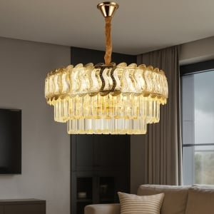 CANDELABRU CU CRISTALE, 8 BECURI E27, FINISAJ AURIU