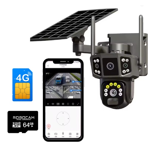 Cameră Supraveghere 4G Solară 8MP cu Lentile Duble, 4K, Vizualizare 360° și Detecție Mișcare – Baterie 8000mAh + CADOU CARTELA SIM CU INTERNET SI CARD SD 64GB