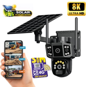 Cameră Supraveghere 4G Solară 8MP cu Lentile Duble, 4K, Vizualizare 360° și Detecție Mișcare – Baterie 8000mAh