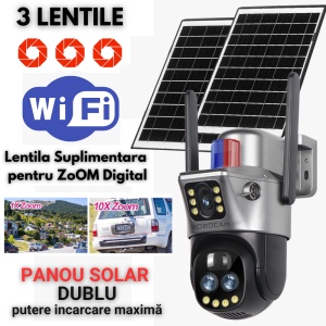 Cameră Supraveghere Duală cu 2 Ecrane, Zoom Optic 10X, Dublu Panou Solar, 8MP, WiFi, Exterior - Img 3