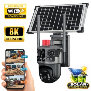 Cameră de Supraveghere WiFi Solară, Duală, Panoramica, cu 4MP, Panou Solar și Detecție Mișcare