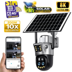 Camera Supraveghere DUBLA 2 Ecrane Diferite, ZOOM 10X cu Panou Solar, Cartela SIM, 8MP, 3G/4G