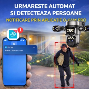 Cameră 4G Solară Robocam RBC-Q10 – 4 Lentile (4 mm + 4 mm + 4 mm + 12 mm), 12 MP, Dublu Panou, AI Human Tracking, Night Vision Color & IR, Audio Bidirecțional, Aplicație O-KAM Pro GREY - Img 2