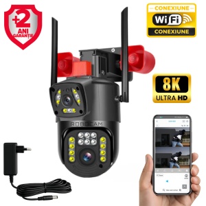 Camera de Supraveghere, 2 Ecrane, 2 Sirene, Inteligenta 350, WiFi + Cablu Lan, 4K, 8 MP. 1080P