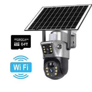 Cameră Supraveghere Dublă 8MP cu 2 Ecrane, Panou Solar, WiFi, Card 64GB – Vizualizare Duală în Timp Real