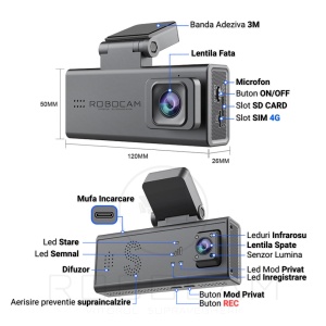 Cameră Auto 4G Robocam RBC-V2 – Monitorizare Parcare 24/7, Dublă Lentilă, GPS, Radar & Vibrație, Vizualizare Live prin UBox, Stocare Cloud / Card SD - Img 6